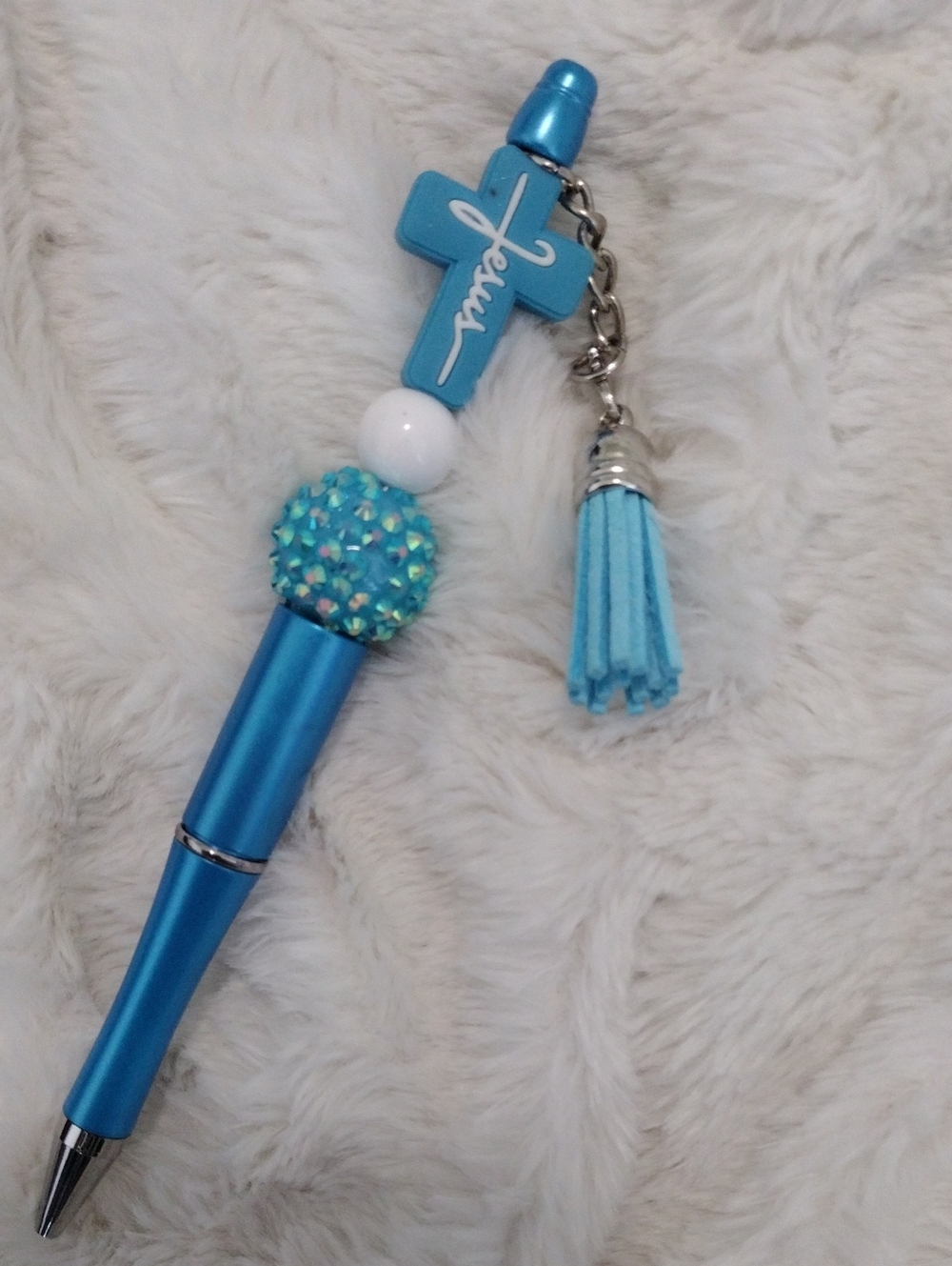 Blue Cross Tassel Pen with Rhinestone Bead